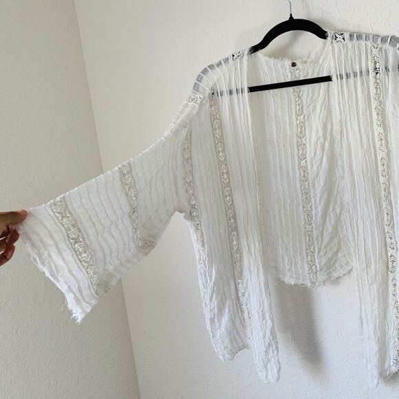 Free People One Willow Kimono White Lace Floral Open Front Tie Beach Boho Preppy - Picture 6 of 12